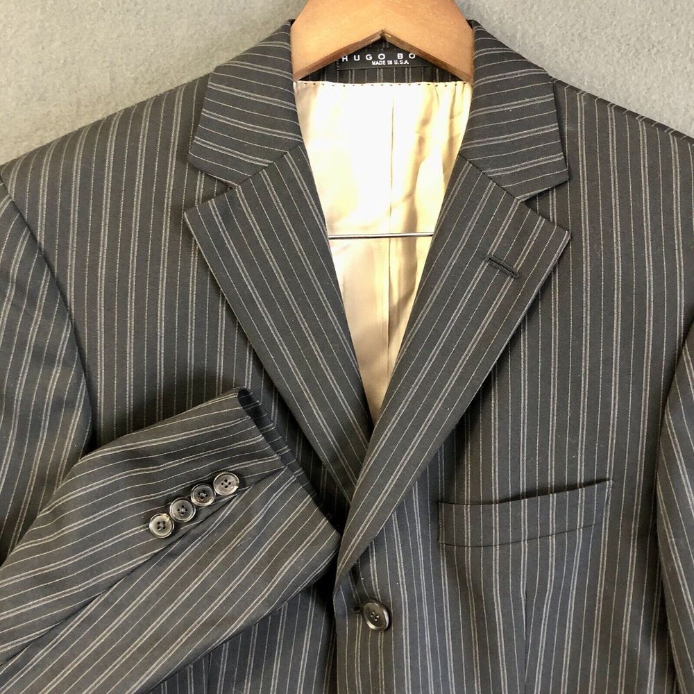 Hugo Boss Suit Jacket Mens Sz 38R Black Pinstripe Blazer Virgin Wool Sport Coat